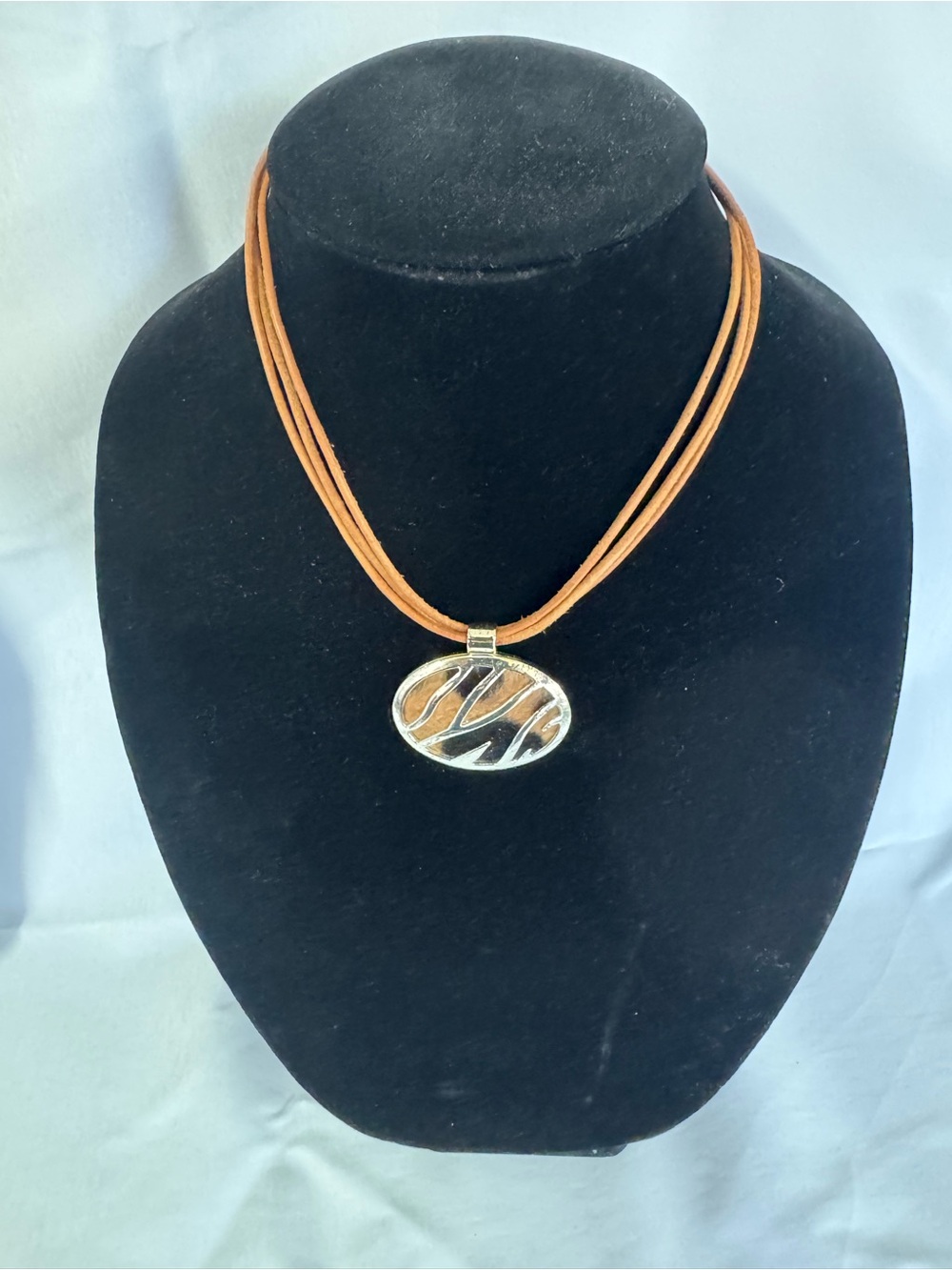 Leather Cord Necklace with Silver-Tone Oval Pendant - Brown